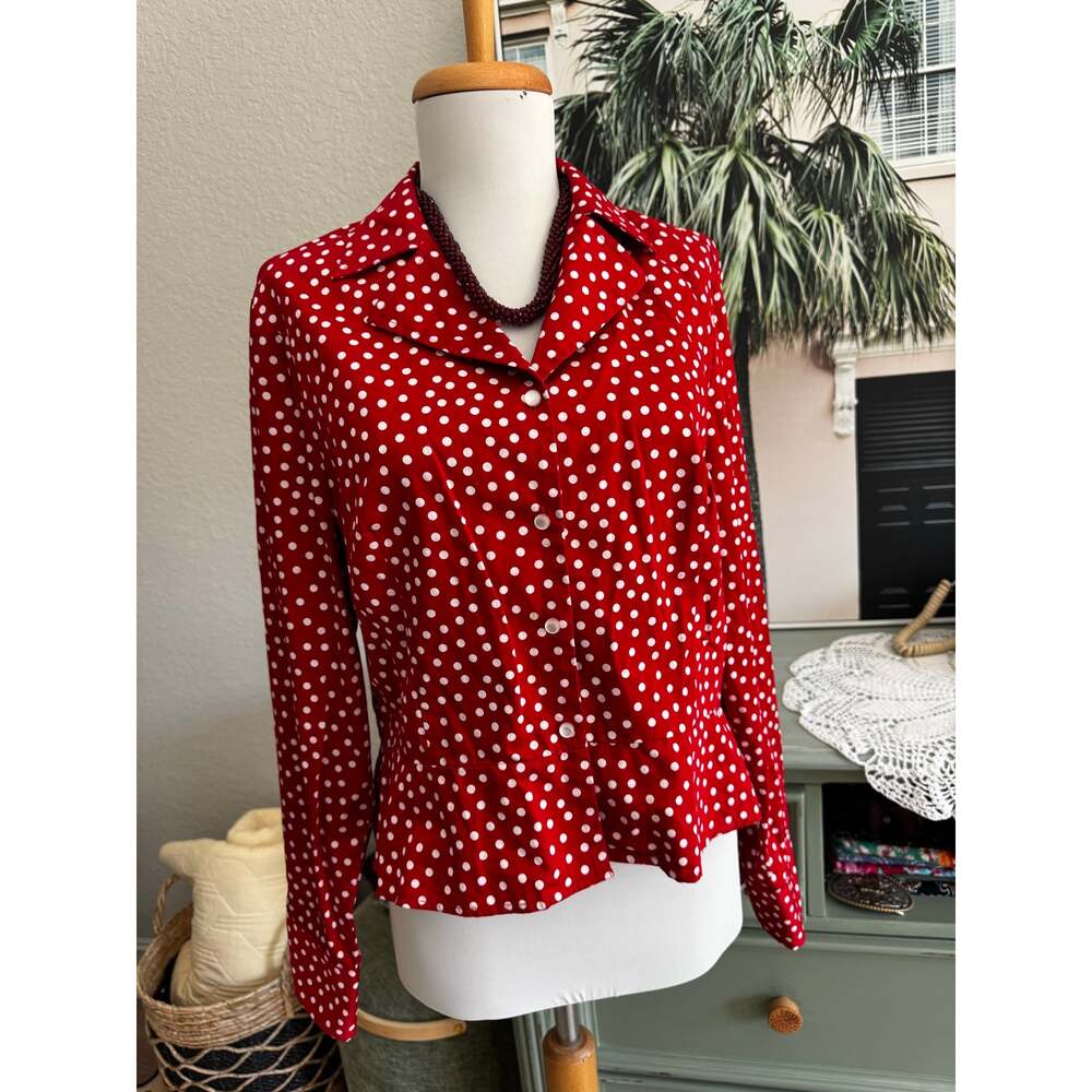 Jones New York Petite Large Red White Polka Dot Peplum Blouse Retro Pinup PL - Picture 2 of 8